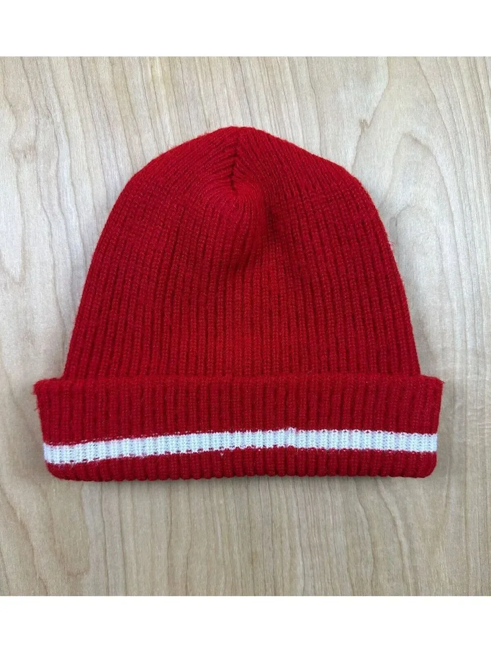 Vintage 70s Marlton Big Red Beanie Chain Stitch football wool knit hat stripe